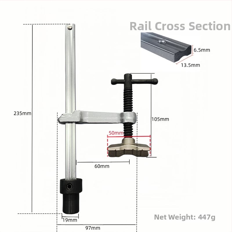 F-образна зажимна клипса за заваръчни и дървообработващи маси — 3D гъвкава платформа, бързо фиксиране, материал: хром ванадий стомана, тегло 0.5 кг