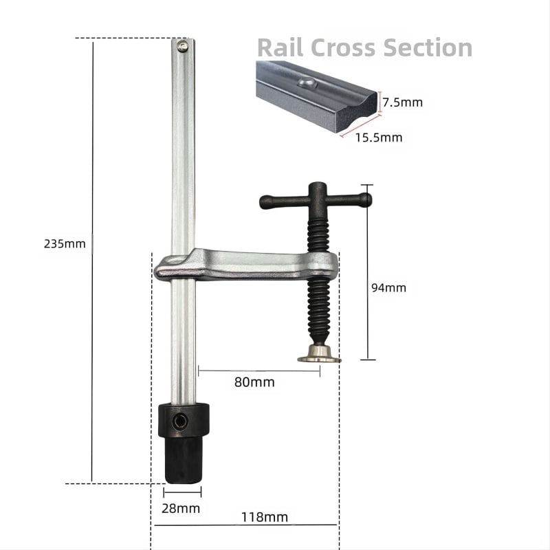 F-образна зажимна клипса за заваръчни и дървообработващи маси — 3D гъвкава платформа, бързо фиксиране, материал: хром ванадий стомана, тегло 0.5 кг