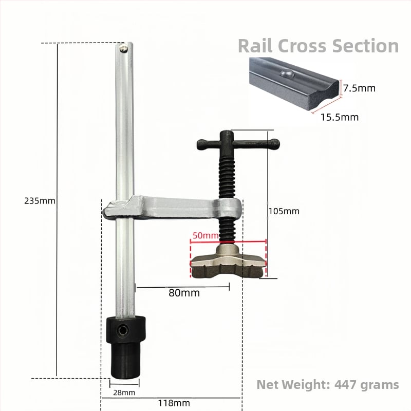 F-образна зажимна клипса за заваръчни и дървообработващи маси — 3D гъвкава платформа, бързо фиксиране, материал: хром ванадий стомана, тегло 0.5 кг
