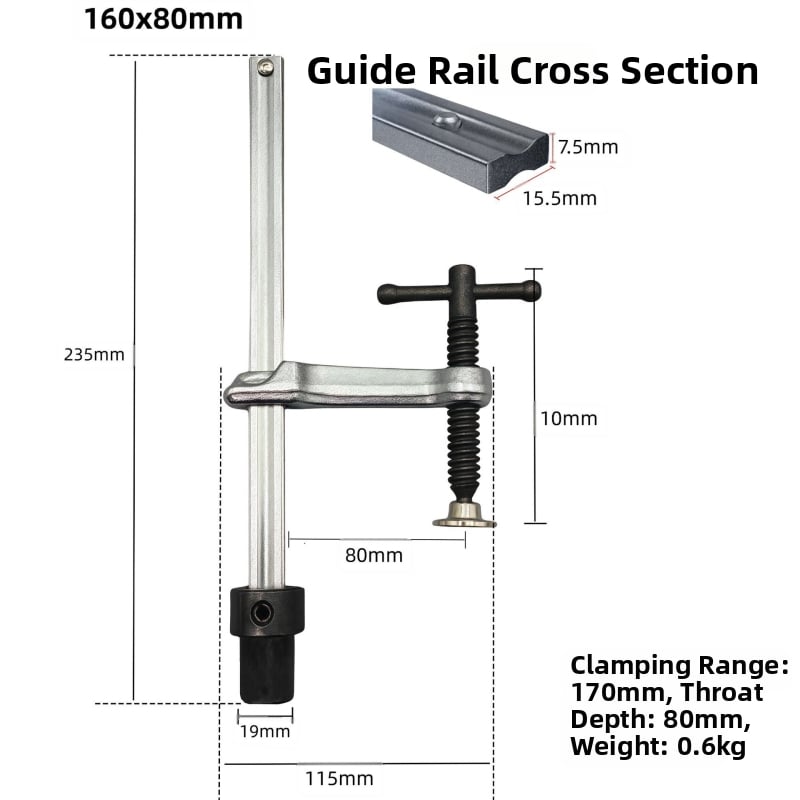 F-образна зажимна клипса за заваръчни и дървообработващи маси — 3D гъвкава платформа, бързо фиксиране, материал: хром ванадий стомана, тегло 0.5 кг