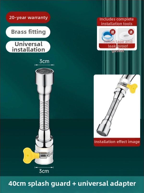 Čiaupo išplėtimo adaptorius su purslų apsauga – 360° sukimas, nerūdijantis plienas, keraminių diskų vožtuvas (Modelis Aerator; tinkamas virtuvės čiaupui)