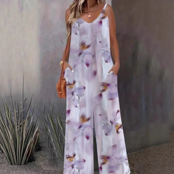 Μποέμ ολόσωμη φόρμα χωρίς μανίκια με εκτύπωση, ύφασμα πολυεστέρα-σπαντέξ, 95% πολυεστέρας, μικροελαστικότητα, cropped παντελόνια, φαρδιά μέση, καλοκαίρι 2025