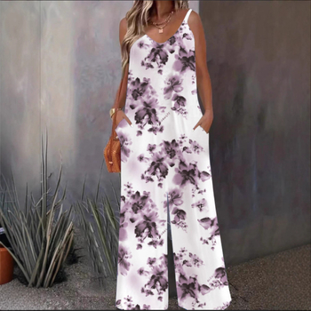 Μποέμ ολόσωμη φόρμα χωρίς μανίκια με εκτύπωση, ύφασμα πολυεστέρα-σπαντέξ, 95% πολυεστέρας, μικροελαστικότητα, cropped παντελόνια, φαρδιά μέση, καλοκαίρι 2025