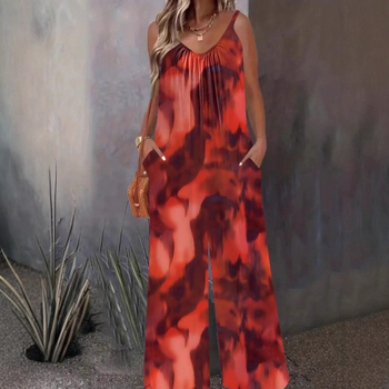 Μποέμ ολόσωμη φόρμα χωρίς μανίκια με εκτύπωση, ύφασμα πολυεστέρα-σπαντέξ, 95% πολυεστέρας, μικροελαστικότητα, cropped παντελόνια, φαρδιά μέση, καλοκαίρι 2025