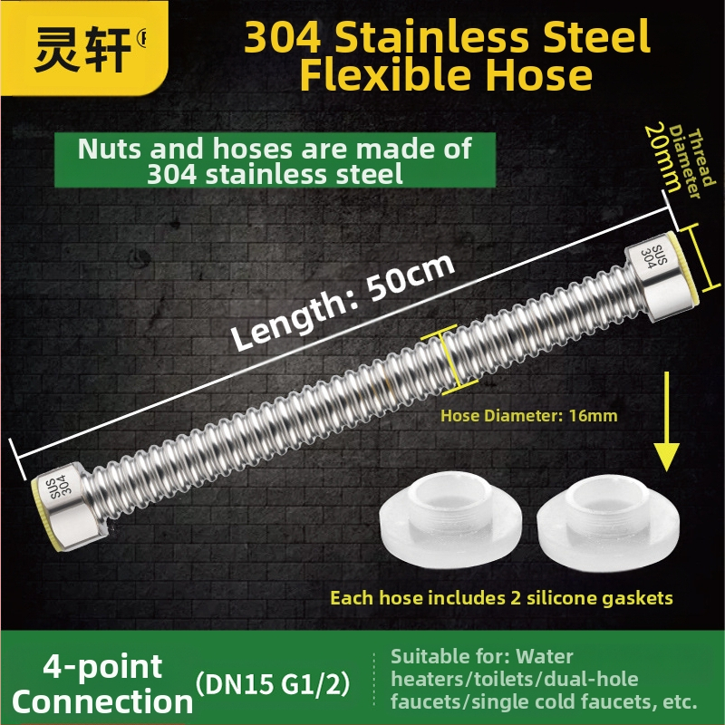 Nerūdijančio plieno gofruotas vandens įvado vamzdelis WC ir boileriui, sriegis G1/2, 1,6 MPa, -20–200°C