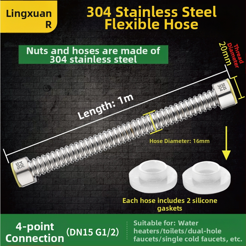 Nerūdijančio plieno gofruotas vandens įvado vamzdelis WC ir boileriui, sriegis G1/2, 1,6 MPa, -20–200°C