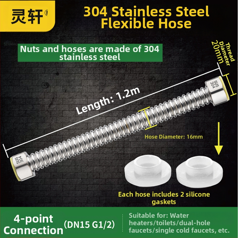 Nerūdijančio plieno gofruotas vandens įvado vamzdelis WC ir boileriui, sriegis G1/2, 1,6 MPa, -20–200°C