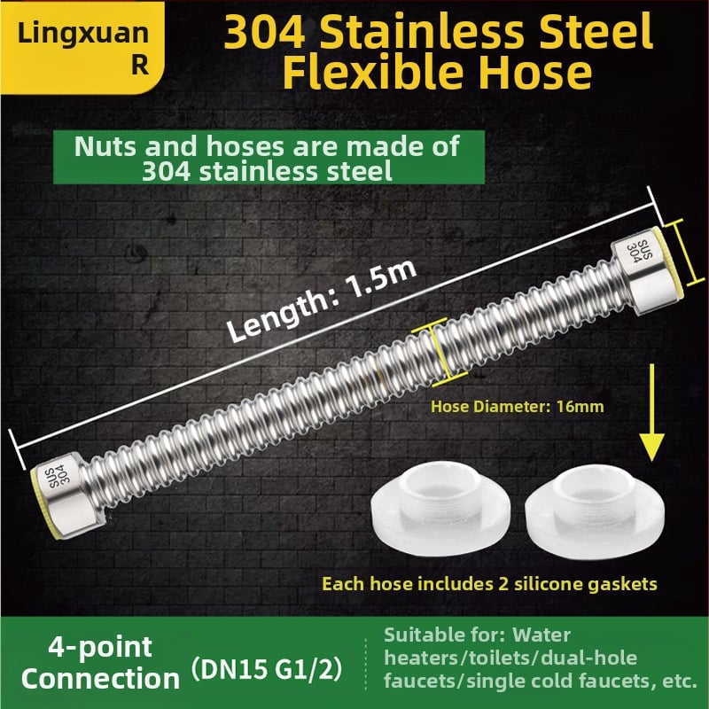 Nerūdijančio plieno gofruotas vandens įvado vamzdelis WC ir boileriui, sriegis G1/2, 1,6 MPa, -20–200°C