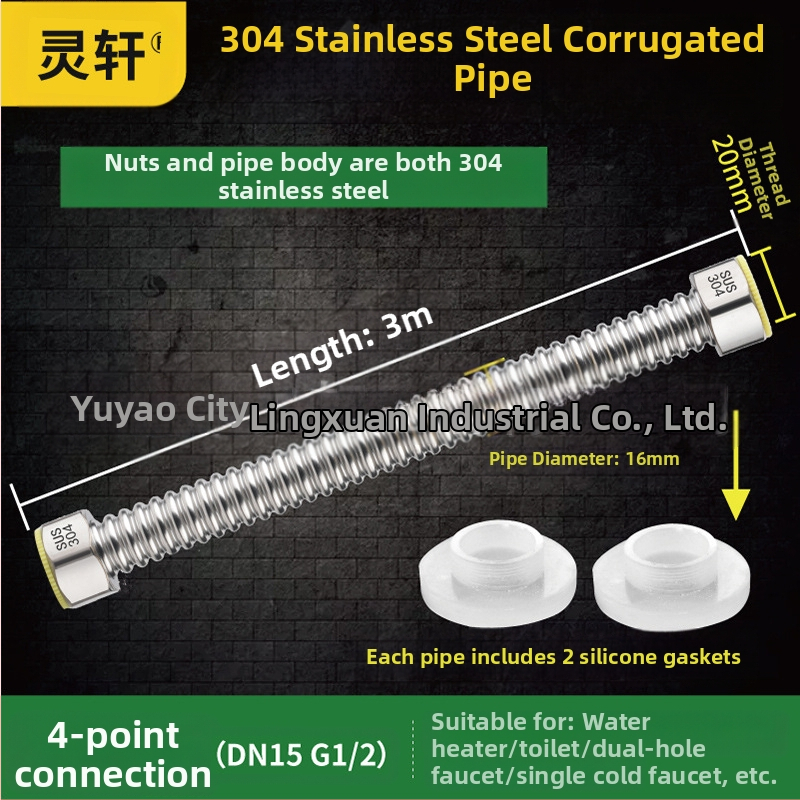 Nerūdijančio plieno gofruotas vandens įvado vamzdelis WC ir boileriui, sriegis G1/2, 1,6 MPa, -20–200°C