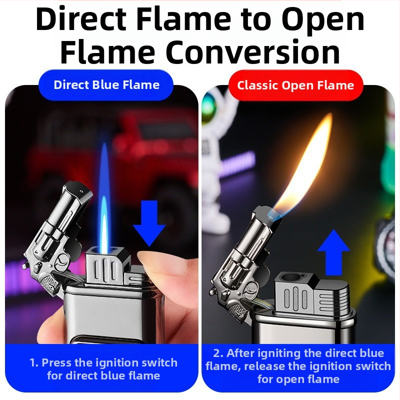 Fémtestű öngyújtó, reliefes 3D mintázat, kettős láng, bután üzemanyag, szélálló