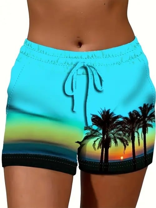 Ženske ljetne kratke hlače s otiskom, opušteni stil — poliester 70–80%, materijal imitacija pamuka, elastičan pojas, duljina pet