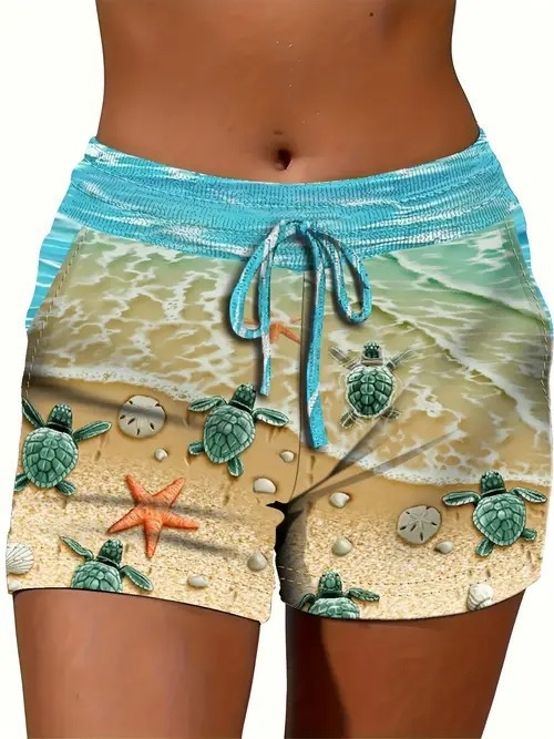 Ženske ljetne kratke hlače s otiskom, opušteni stil — poliester 70–80%, materijal imitacija pamuka, elastičan pojas, duljina pet