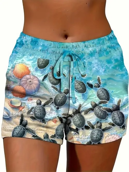 Ženske ljetne kratke hlače s otiskom, opušteni stil — poliester 70–80%, materijal imitacija pamuka, elastičan pojas, duljina pet