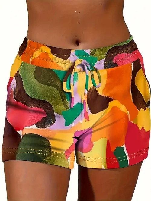 Ženske ljetne kratke hlače s otiskom, opušteni stil — poliester 70–80%, materijal imitacija pamuka, elastičan pojas, duljina pet