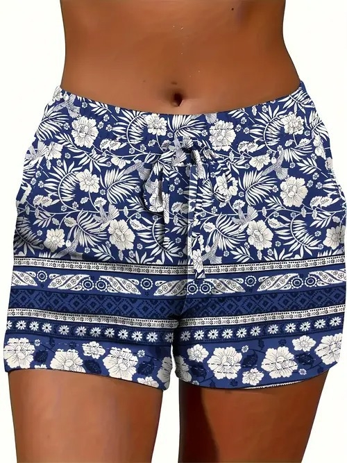 Ženske ljetne kratke hlače s otiskom, opušteni stil — poliester 70–80%, materijal imitacija pamuka, elastičan pojas, duljina pet