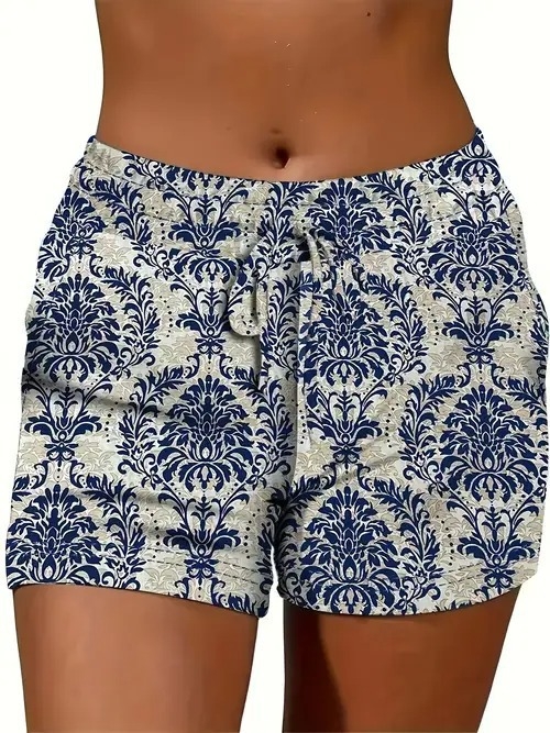 Ženske ljetne kratke hlače s otiskom, opušteni stil — poliester 70–80%, materijal imitacija pamuka, elastičan pojas, duljina pet