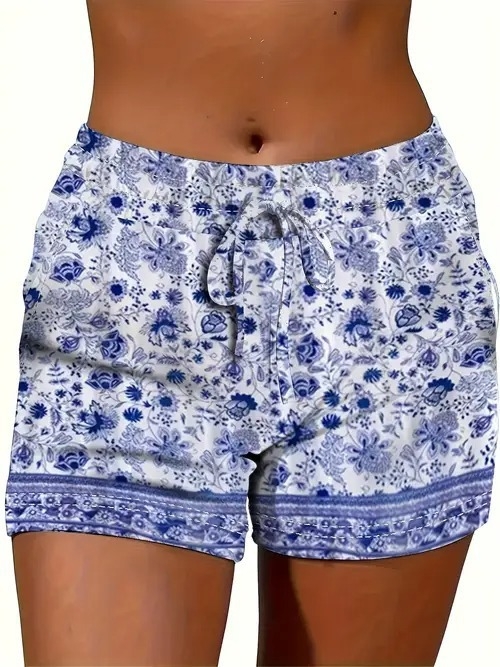 Ženske ljetne kratke hlače s otiskom, opušteni stil — poliester 70–80%, materijal imitacija pamuka, elastičan pojas, duljina pet