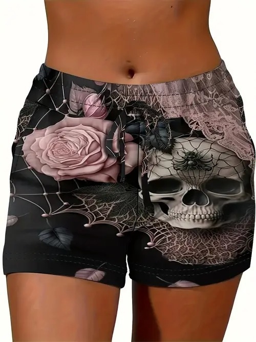 Ženske ljetne kratke hlače s otiskom, opušteni stil — poliester 70–80%, materijal imitacija pamuka, elastičan pojas, duljina pet