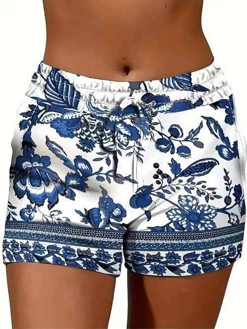 Ženske ljetne kratke hlače s otiskom, opušteni stil — poliester 70–80%, materijal imitacija pamuka, elastičan pojas, duljina pet