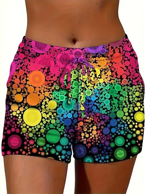 Ženske ljetne kratke hlače s otiskom, opušteni stil — poliester 70–80%, materijal imitacija pamuka, elastičan pojas, duljina pet