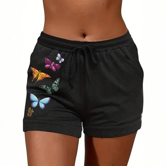 Ženske ljetne kratke hlače s otiskom, opušteni stil — poliester 70–80%, materijal imitacija pamuka, elastičan pojas, duljina pet