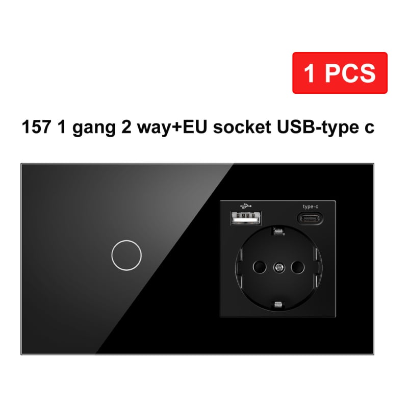 Europos standarto 86/157 dvigubo valdymo jungiklis ir lizdas, apvali grūdinto stiklo panelis, 16A, 100–240V