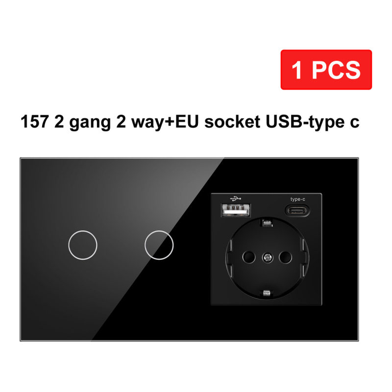 Europos standarto 86/157 dvigubo valdymo jungiklis ir lizdas, apvali grūdinto stiklo panelis, 16A, 100–240V