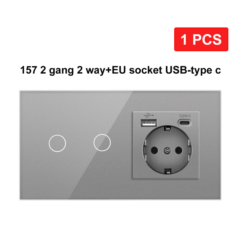 Europos standarto 86/157 dvigubo valdymo jungiklis ir lizdas, apvali grūdinto stiklo panelis, 16A, 100–240V