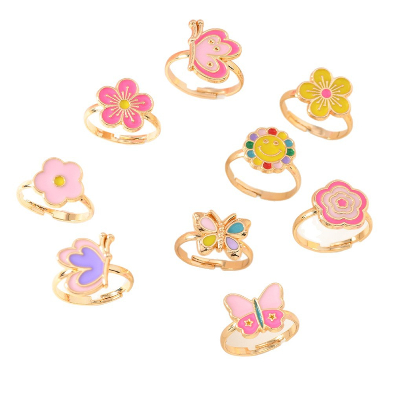 Žiedai, 9 vnt komplektas, cinko lydinys, atviras dizainas, gyvūnų/zodiako forma, Princesių serija