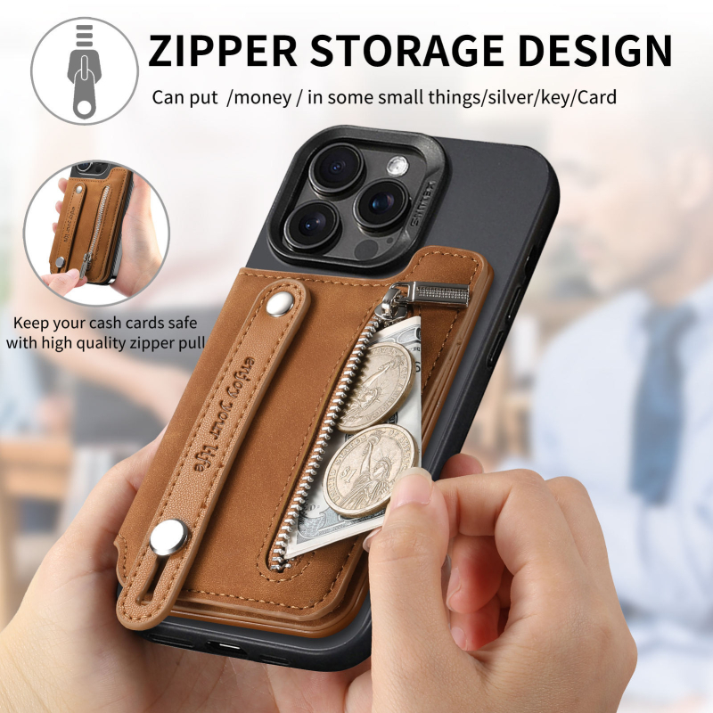 CaseNeo MagSafe Kártyatartó Húzható Csuklópánttal – Balra/Jobbra Nyitható Kártyák, Érmetároló, PU Anyag, Syntetikus Bőr Belső, Uniszex, Ősz 2024