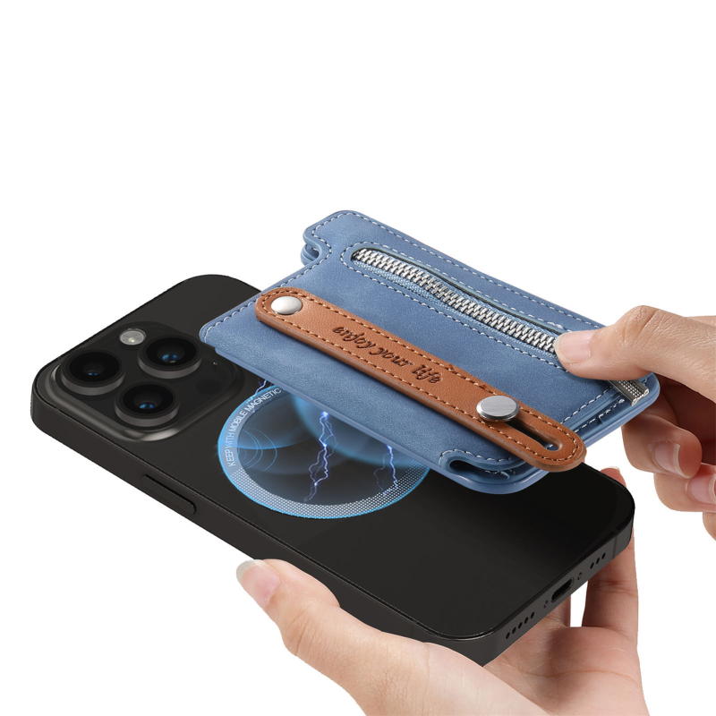 CaseNeo MagSafe Kártyatartó Húzható Csuklópánttal – Balra/Jobbra Nyitható Kártyák, Érmetároló, PU Anyag, Syntetikus Bőr Belső, Uniszex, Ősz 2024