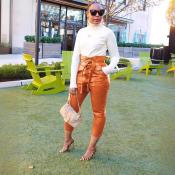 Дамски ежедневни PU панталони, висока талия, тесен силует, дължина до глезена, градски стил