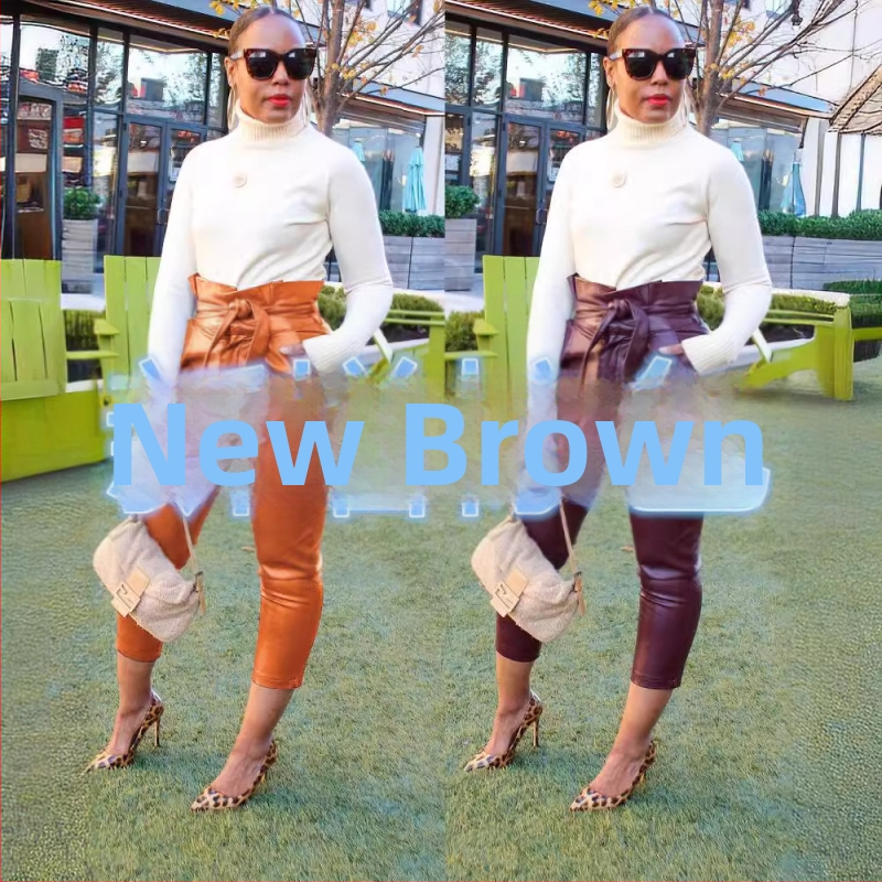 Дамски ежедневни PU панталони, висока талия, тесен силует, дължина до глезена, градски стил