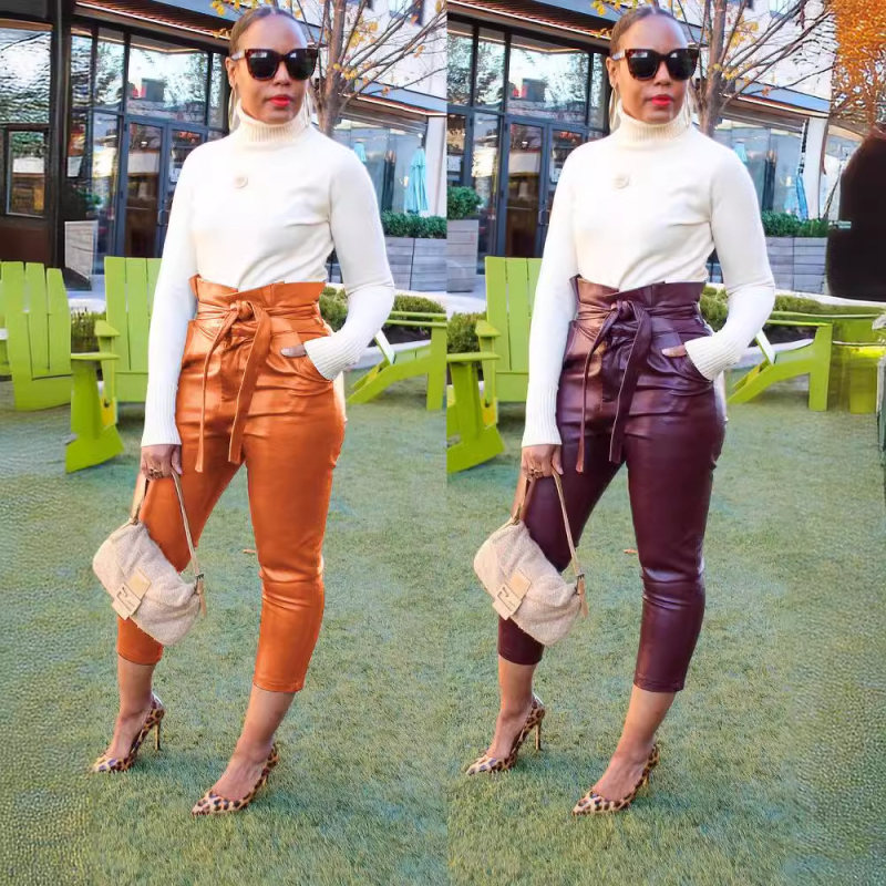 Дамски ежедневни PU панталони, висока талия, тесен силует, дължина до глезена, градски стил