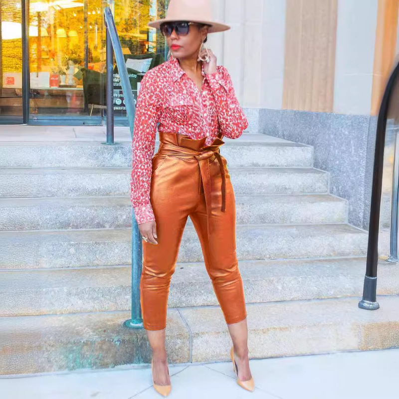 Дамски ежедневни PU панталони, висока талия, тесен силует, дължина до глезена, градски стил