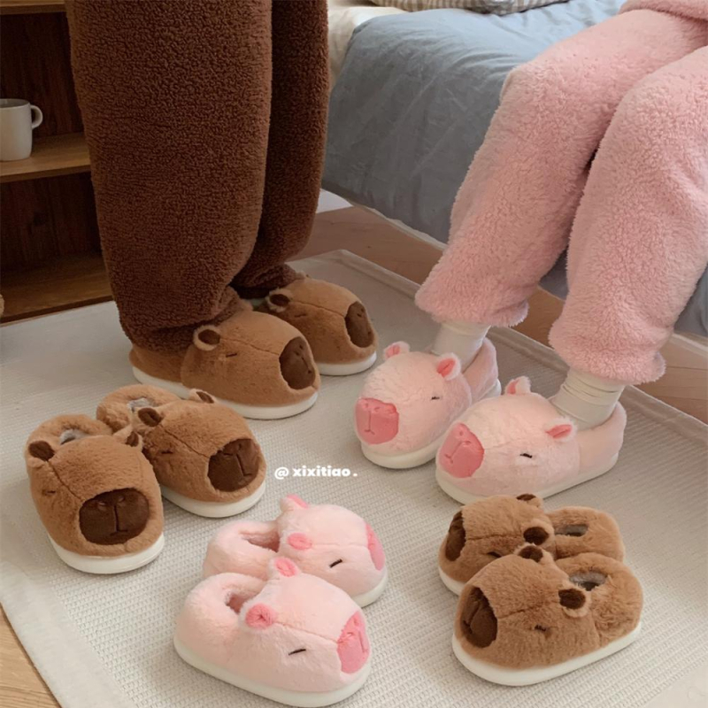 Papuci de casă pufoși de iarnă pentru adulți – set familie părinte-copil, imprimeu capibara, partea superioară din in, talpă EVA, drăguț și confortabil