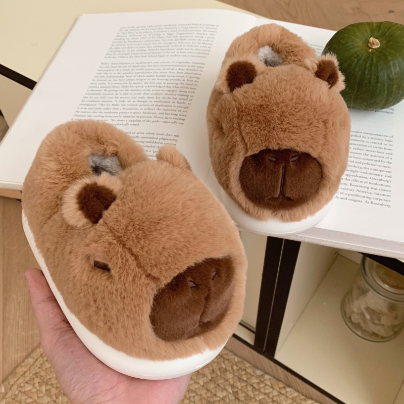 Papuci de casă pufoși de iarnă pentru adulți – set familie părinte-copil, imprimeu capibara, partea superioară din in, talpă EVA, drăguț și confortabil