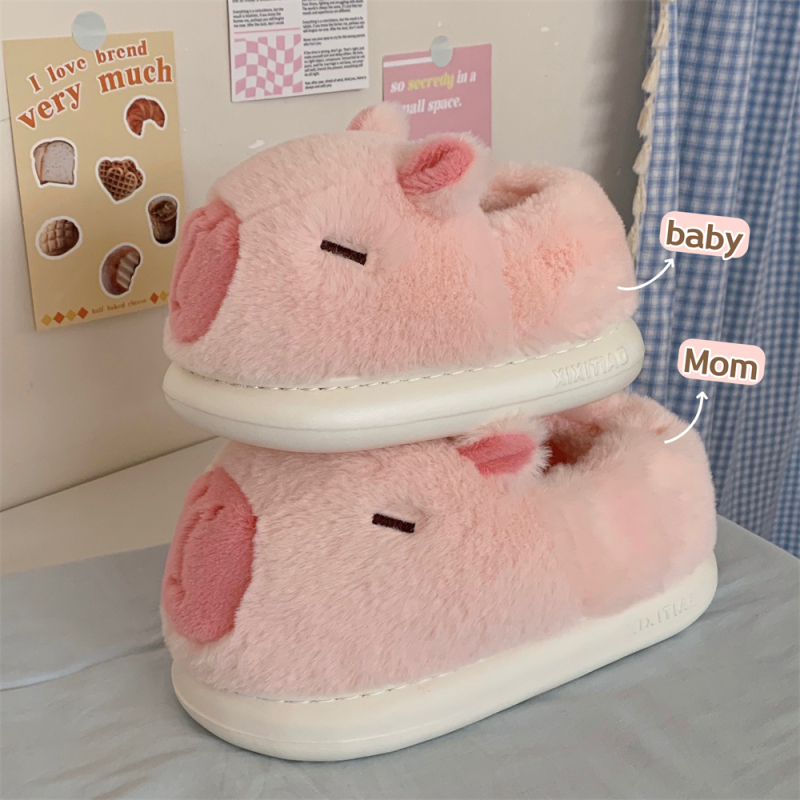 Papuci de casă pufoși de iarnă pentru adulți – set familie părinte-copil, imprimeu capibara, partea superioară din in, talpă EVA, drăguț și confortabil