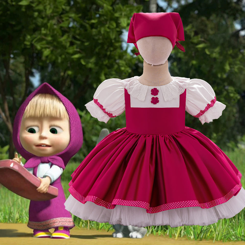 Rochie de prințesă pentru fete, cosplay inspirat de Masha și Ursul, țesătură din amestec de bumbac (65% bumbac principal, 35% bumbac căptușire), satin, primăvara 2025, pentru copii 1–3 ani