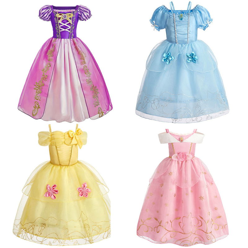 Lányoknak szóló hercegnő ruha rövid ujjú, nyomtatott poliészter anyag, pamut bélés, mintázat: csíkok, virágok, pöttyök, 3–8 éveseknek