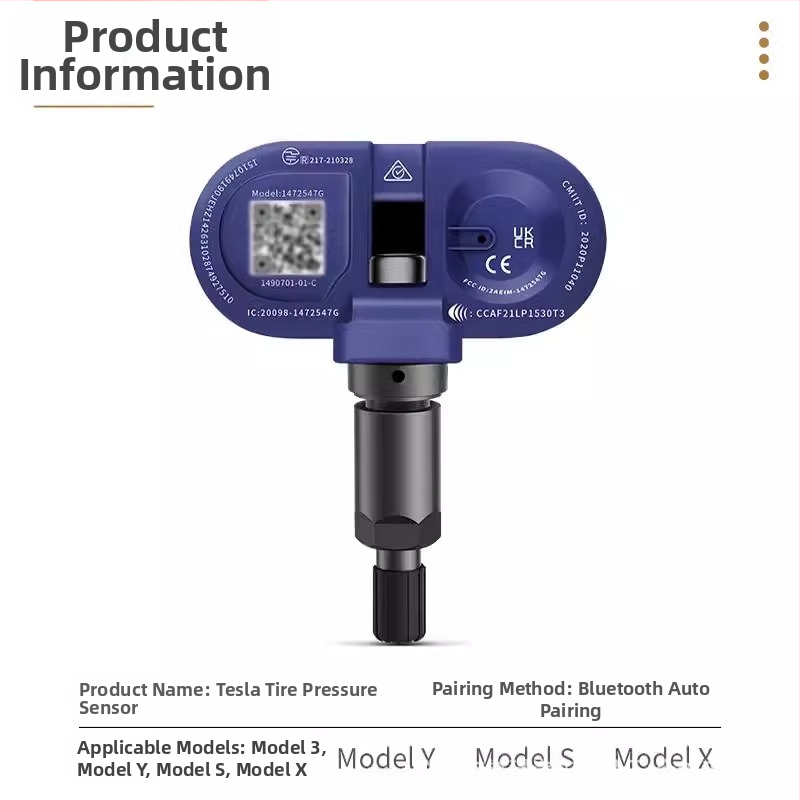 TPMS сензор за Tesla за Model 3/Y/S/X – OE-съвместим вграден датчик за налягането в гумите, модел 1490701-01-B, диапазон 1.0–4.0 bar, точност ±0.1 bar