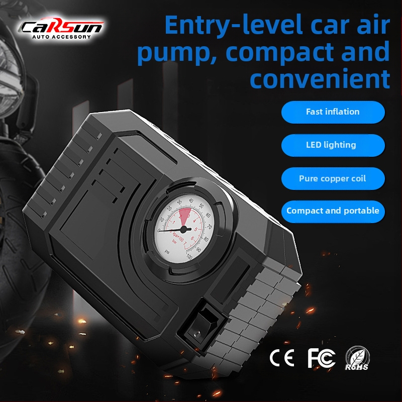 Elektrinis automobilio mini padangų siurblys su naktiniu apšvietimu, 12V, 80W, 25 L/min, akumuliatoriaus maitinimas, 3 m laidas