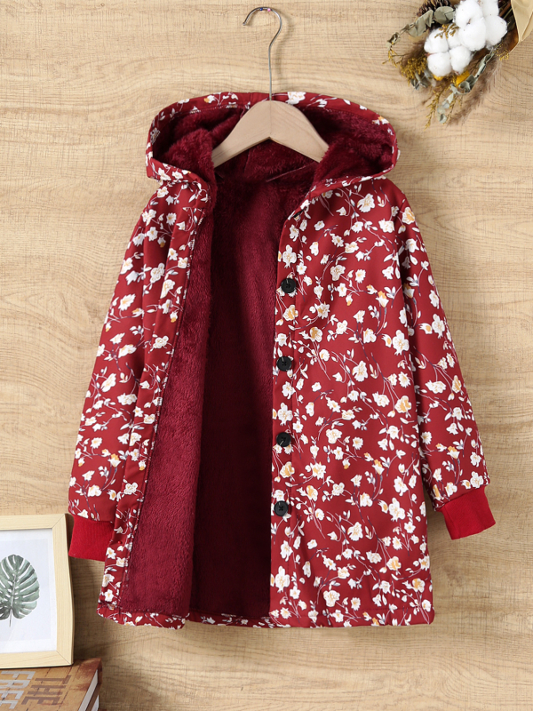 Dječja jakna s kapuljačom od flisa, cvjetni uzorak, poliester, srednje duljine