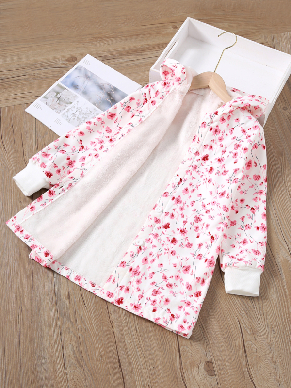 Dječja jakna s kapuljačom od flisa, cvjetni uzorak, poliester, srednje duljine