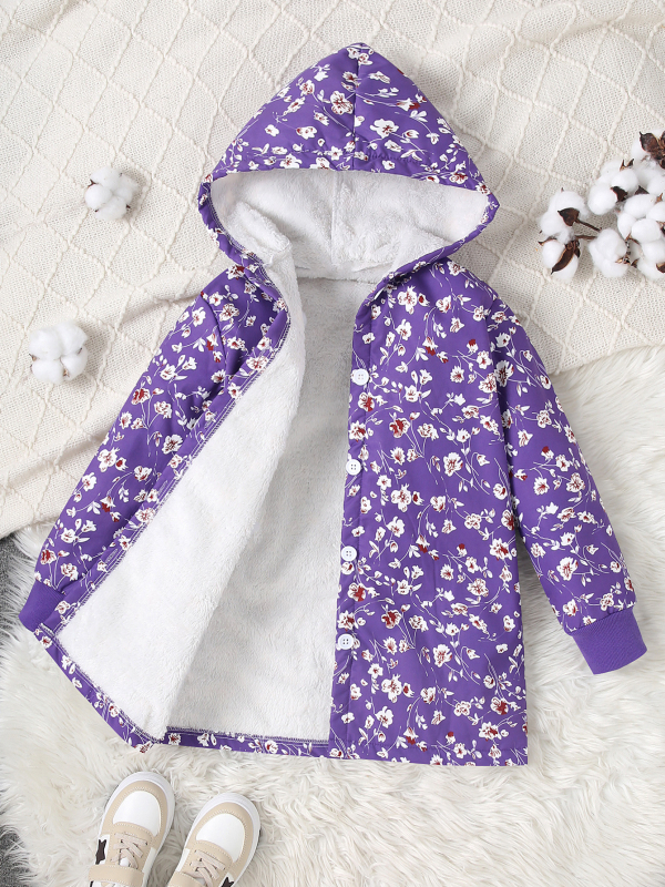 Dječja jakna s kapuljačom od flisa, cvjetni uzorak, poliester, srednje duljine