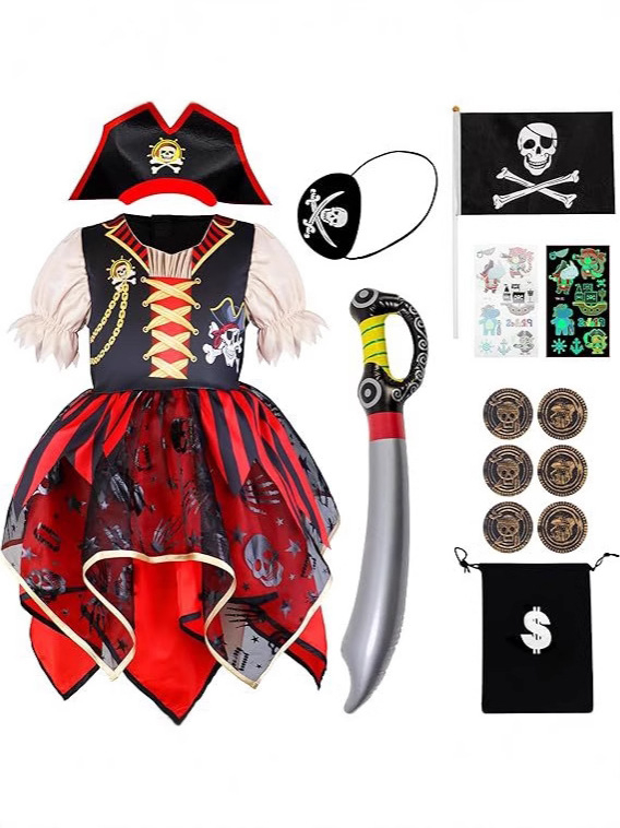 Детски косплей костюм за Хелоуин Pirates of the Caribbean - унисекс, полиестерна тъкан 90-95%, за игри и ролеви изпълнения, пролет 2025