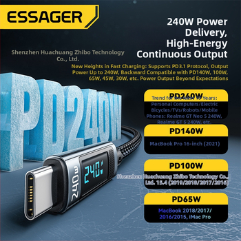 Кабел за данни Type-C с цифров дисплей, 240W макс, алуминиева сплав, с един конектор