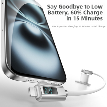 Кабел за данни 4 в 1 с цифров дисплей, PD27W бързо зареждане, цинкова сплав и силикон, конектори Lightning, Micro USB и USB-C