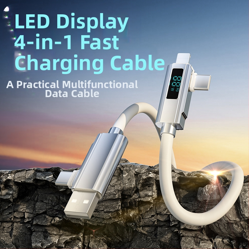 Kábel s digitálnym displejom 4 v 1 rýchlonabíjanie PD27W, zliatina zinku + silikón, konektory Lightning, Micro USB a USB-C
