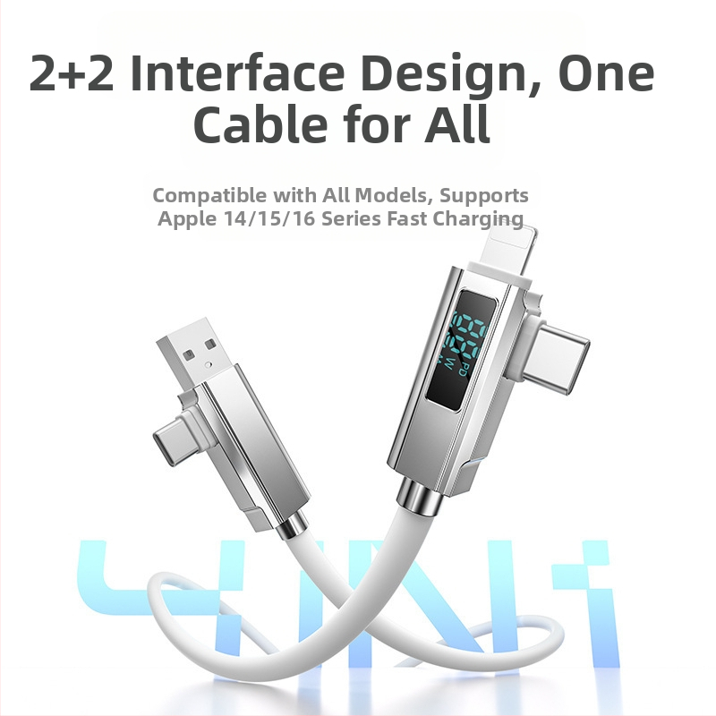 Kábel s digitálnym displejom 4 v 1 rýchlonabíjanie PD27W, zliatina zinku + silikón, konektory Lightning, Micro USB a USB-C